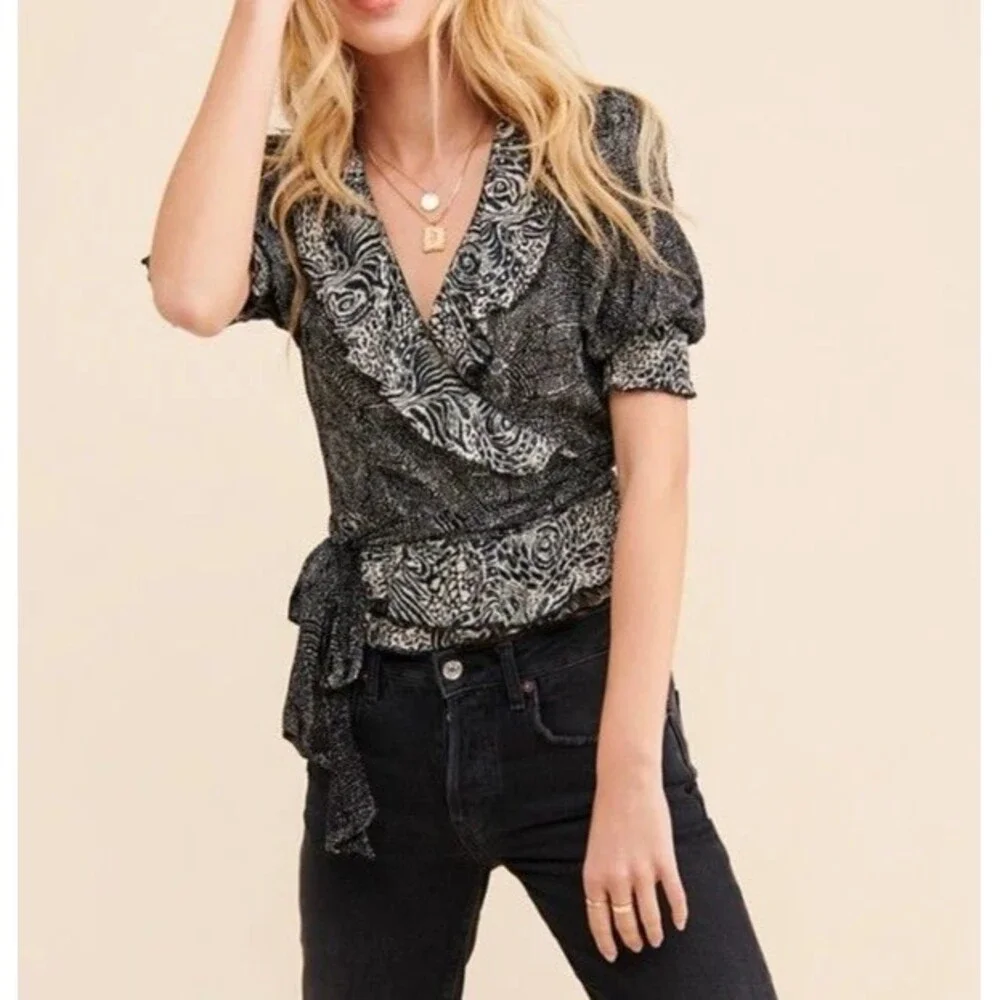 Free People Nully Olivia Wrap Top Blouse Short-Sleeves Black Printed S 287036 - Picture 1 of 9